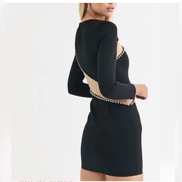 ASOS Design Black Long Sleeve Mesh and Rhinestone Bodycon dress - Picture 2 of 11